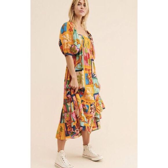 Farm Rio Tropical Collage Midi Dress Size XS - Picture 1 of 10